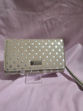 Lodis Leather Polka Dot Wristlet Clutch - Silver Dot on Champagne